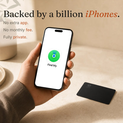 Hand holding a smartphone with Apple Find My open beside a Trace Vault tracking card, showing compatibility with the Find My network.