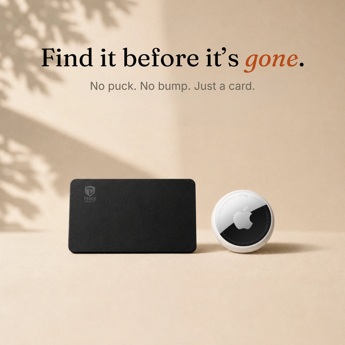 Comparison image showing Trace Vault card tracker design alongside a traditional AirTag-style tracker, highlighting the slim wallet-friendly form factor.