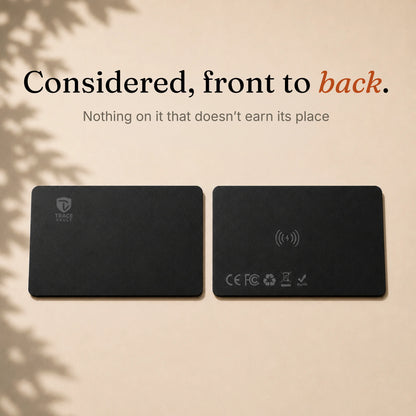 Front and back view of the Trace Vault tracking card showing its carefully considered minimal design.