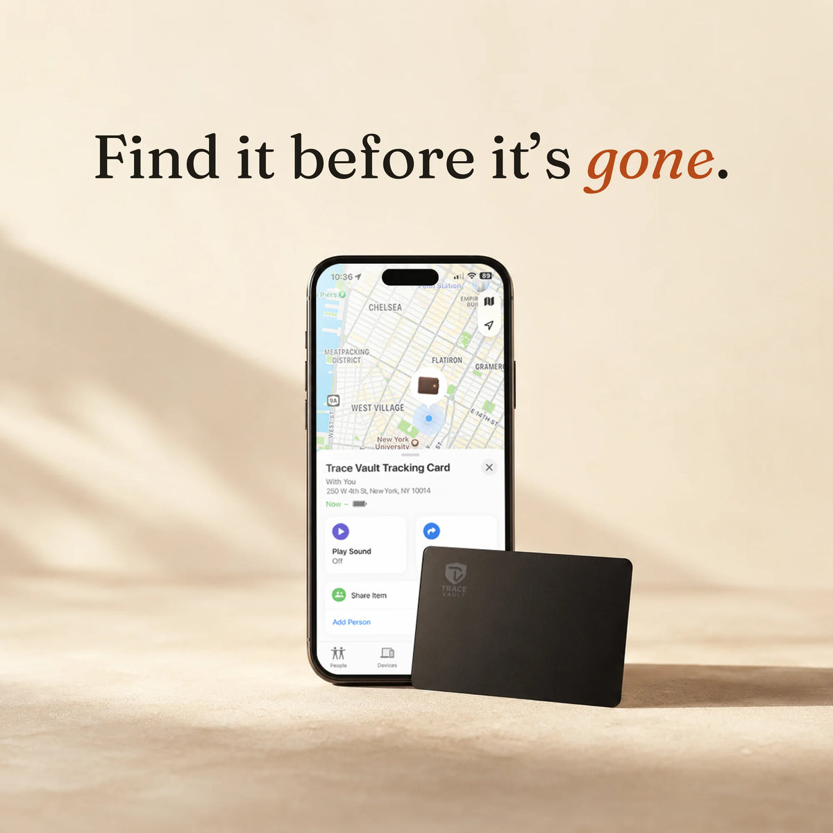 Trace Vault tracking card displayed in front of a smartphone showing a location map, demonstrating Apple Find My item tracking.