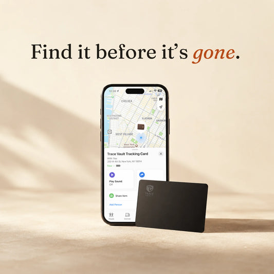 Trace Vault tracking card displayed in front of a smartphone showing a location map, demonstrating Apple Find My item tracking.
