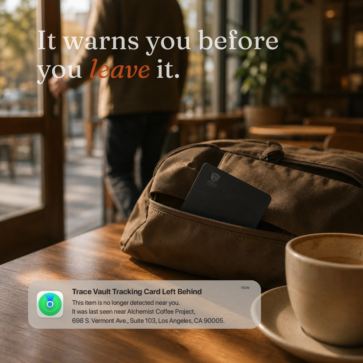 Trace Vault tracking card placed in a backpack pocket at a cafe, showing protection against leaving important items behind.
