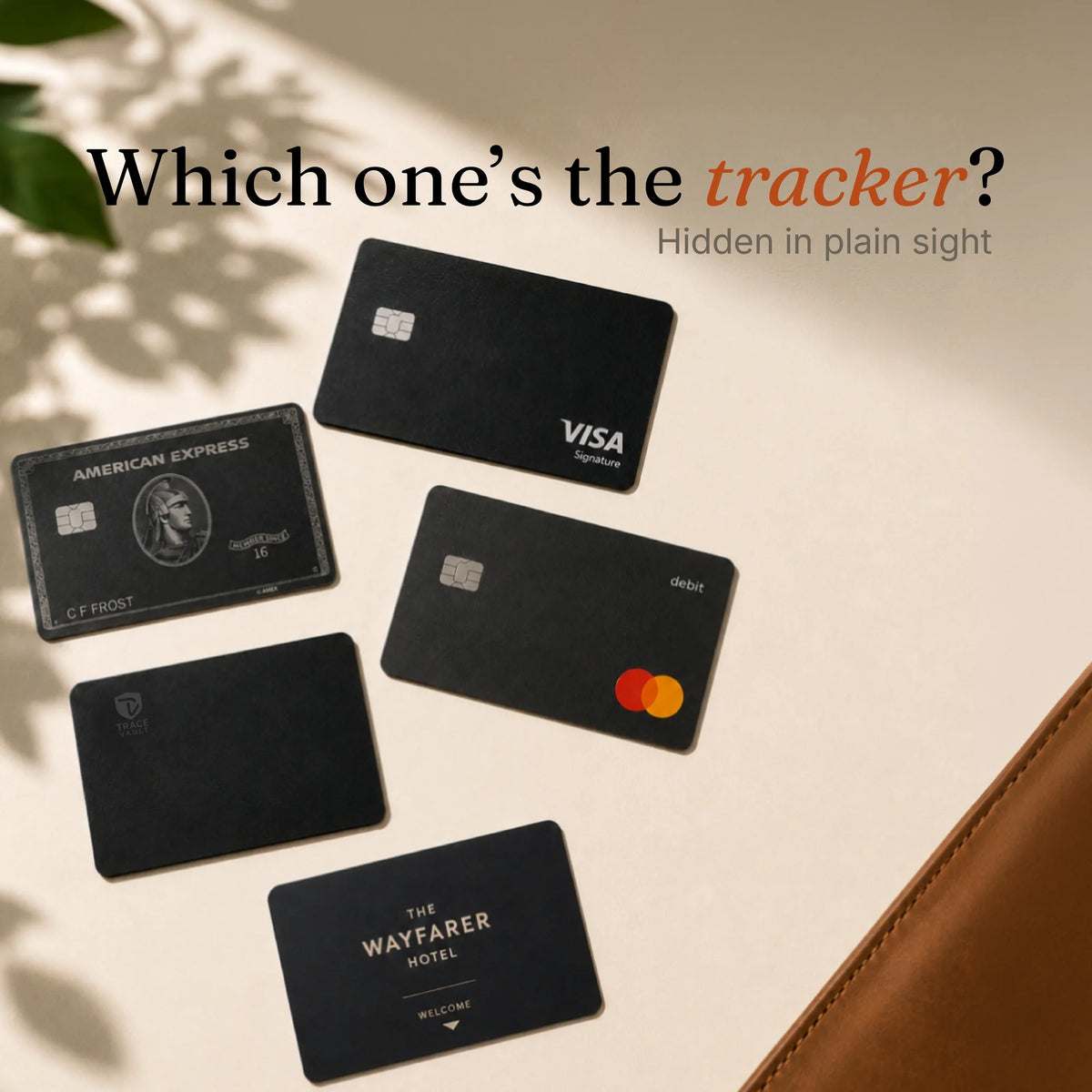 Multiple black wallet cards arranged together with Trace Vault hidden among them, showing a tracker designed to look like an ordinary card.
