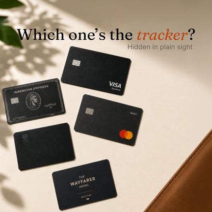 Multiple black wallet cards arranged together with Trace Vault hidden among them, showing a tracker designed to look like an ordinary card.