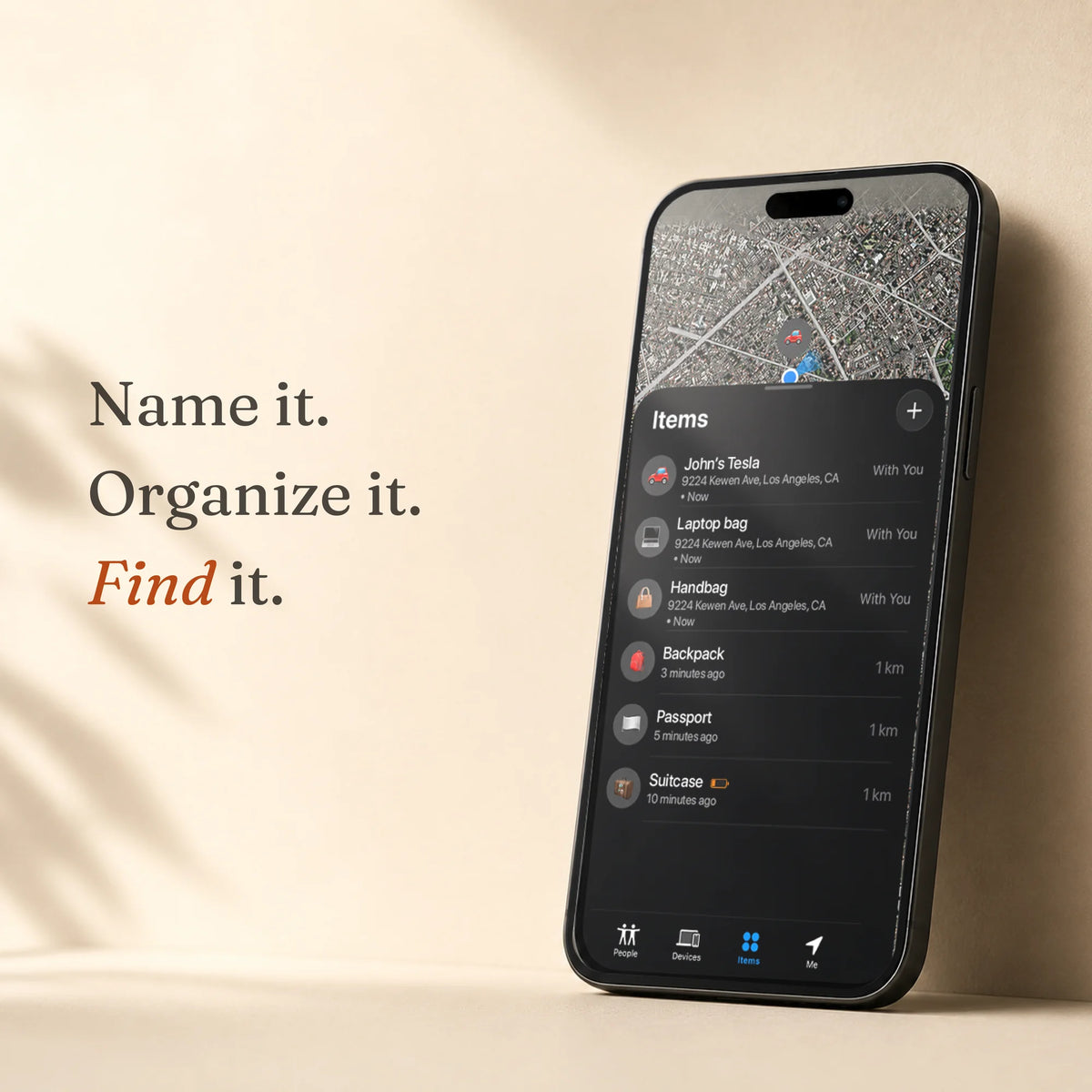 Smartphone displaying Apple Find My with multiple tracked items organized by name, showing how Trace Vault helps you easily manage and locate your belongings within the Apple ecosystem.