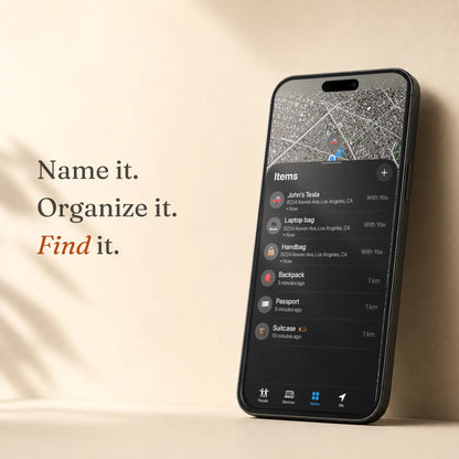 Smartphone displaying Apple Find My with multiple tracked items organized by name, showing how Trace Vault helps you easily manage and locate your belongings within the Apple ecosystem.