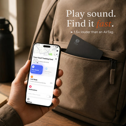 Person using a smartphone to locate a Trace Vault tracking card inside a backpack with the Find My play sound feature.