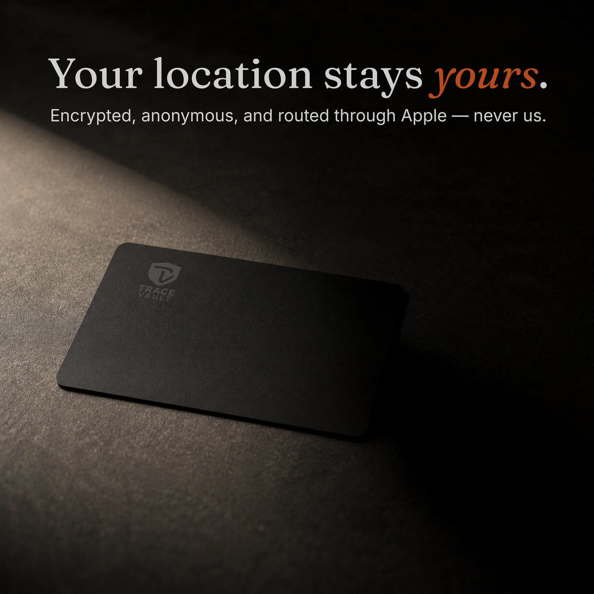 Trace Vault tracking card on a dark surface, highlighting private item tracking and keeping location information secure.