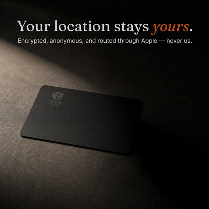 Trace Vault tracking card on a dark surface, highlighting private item tracking and keeping location information secure.