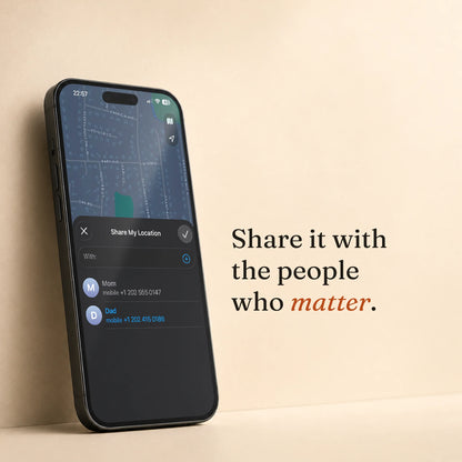 Smartphone displaying a location-sharing interface beside travel essentials, showing how Trace Vault lets you share item locations with trusted people.