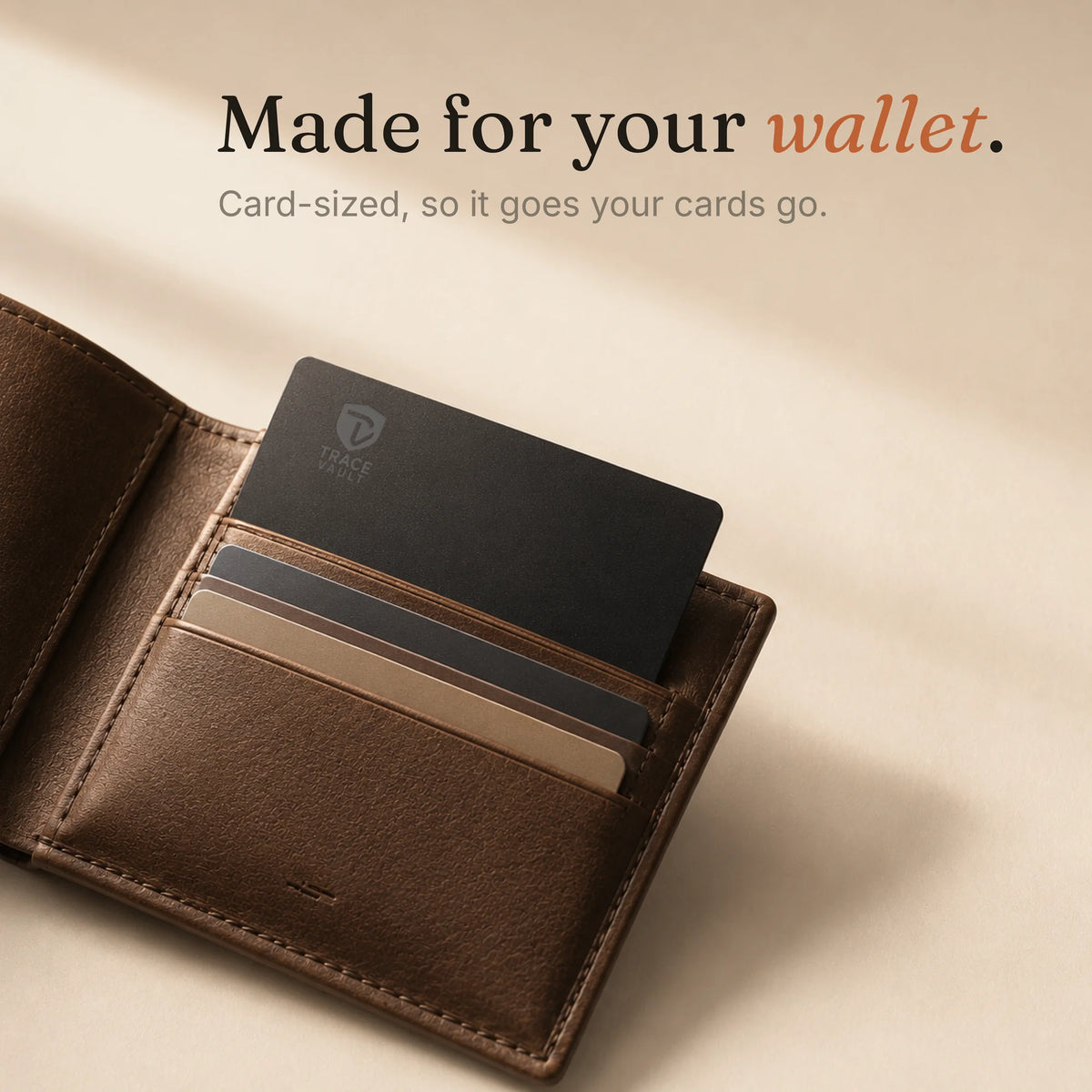 Open leather cardholder wallet containing a Trace Vault tracking card among regular cards, showing its credit card-sized wallet fit.