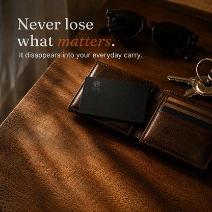 Trace Vault tracking card inside a leather wallet with sunglasses and keys on a wooden table, showing everyday carry use.